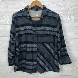 Woolrich Women's Large Vented Button Front Shirt Striped Organic Cotton Blue